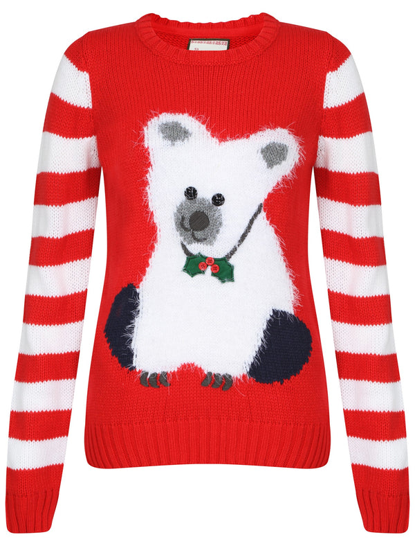 Womens Satin Flower red knitted Xmas jumper - Merry Christmas