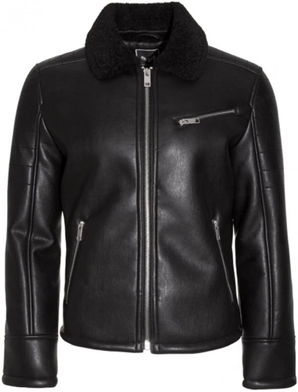 Hector Faux Leather Fur Lined Biker Jacket in Black