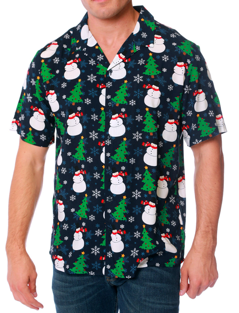 Horten Snowman / Xmas Tree Print Novelty Christmas Shirt in Evening Bl ...