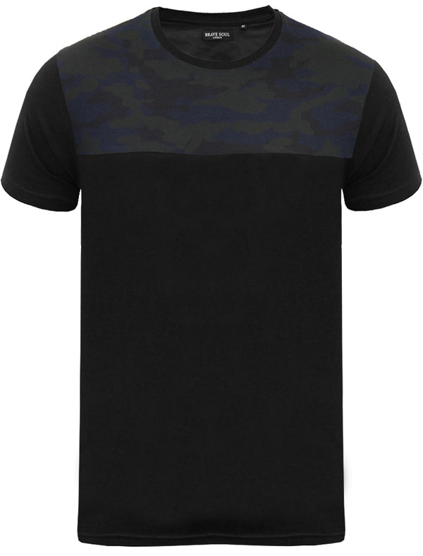 Rikki Camouflage Print Yoke Crew Neck T-Shirt in Black