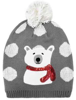 Ladies Natalia Polar Bear Bobble Hat with Spots in Grey