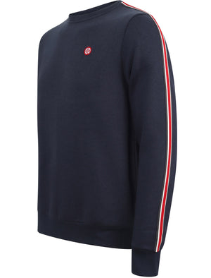 Falley Crew Neck Sweatshirt with Striped Tape Detail Sleeves in Navy