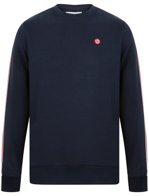 Falley Crew Neck Sweatshirt with Striped Tape Detail Sleeves in Navy