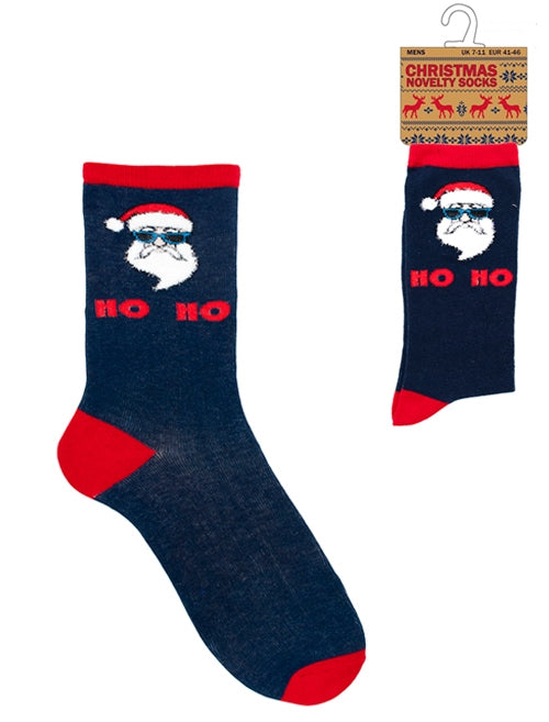 Mens Noel Santa Ho Ho Novelty Christmas Socks in Blue