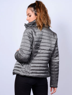 Nolanne Metallic Funnel Neck Quilted Jacket in Silver - Tokyo Laundry