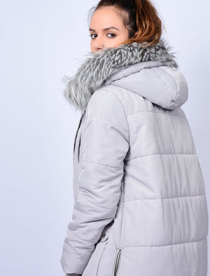 Oqena Quilted Parka Coat with Detachable Fur Trim Hood in Silver Sconce - Tokyo Laundry