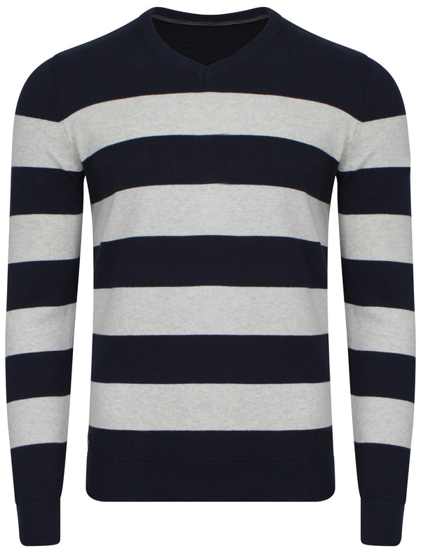 Le Shark V-neck contrast stripe jumper in mid blue