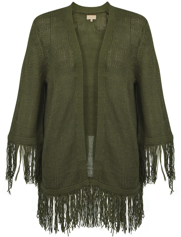 Women's fringed hem and cuffs dusty olive cardigan - Plum Tree