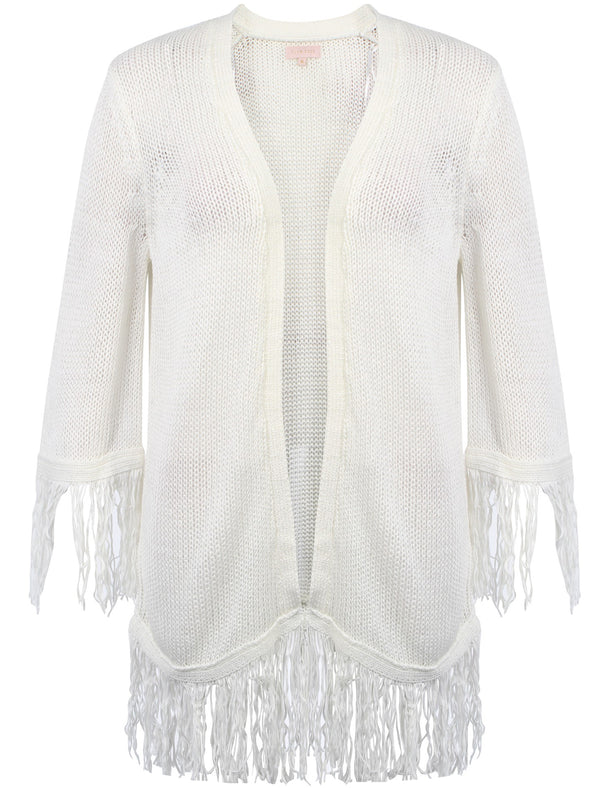 Women's fringed hem and cuffs cream cardigan - Plum Tree
