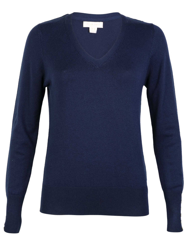 Plum Tree Almond Blossom v neck jumper in Navy