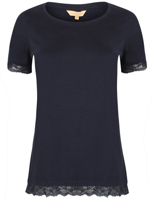 Helen Lace Trim Cotton T-Shirt In Eclipse Blue - Plum Tree