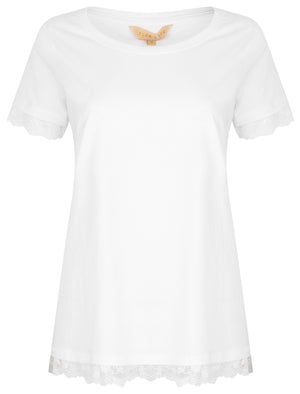 Helen Lace Trim Cotton T-Shirt In White - Plum Tree