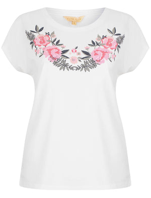 Hyacinth Floral Cotton Crew Neck T-Shirt In White - Plum Tree