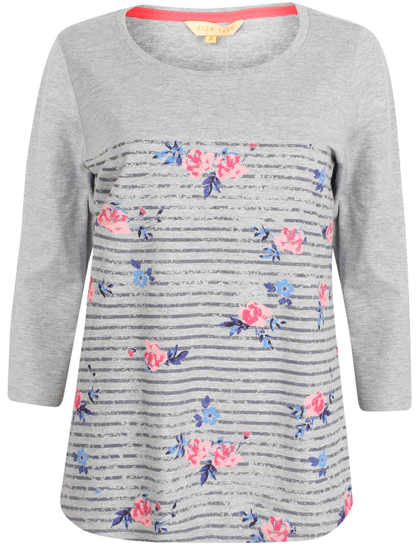 Jade Floral Stripe Cotton Crew Neck T-Shirt In Light Grey Marl - Plum Tree
