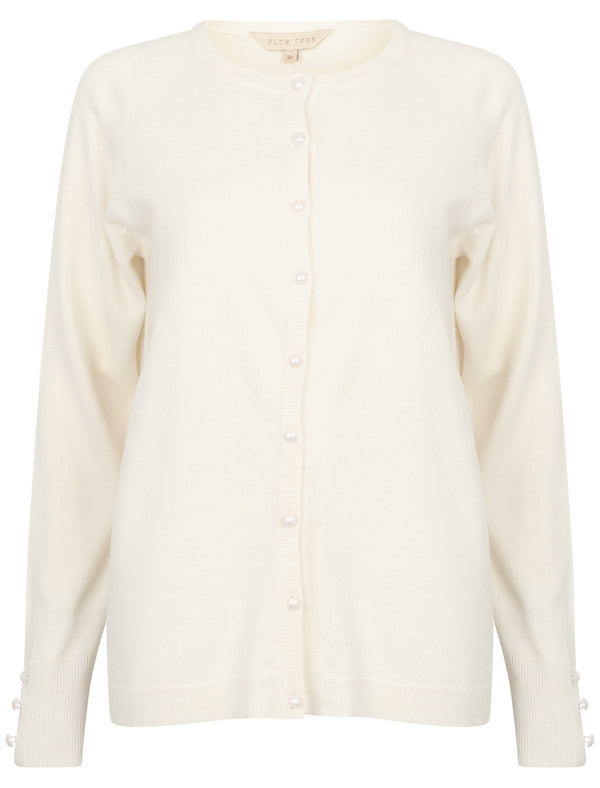 Mondrian Crew Neck Knitted Cardigan In Clean Cream - Plum Tree