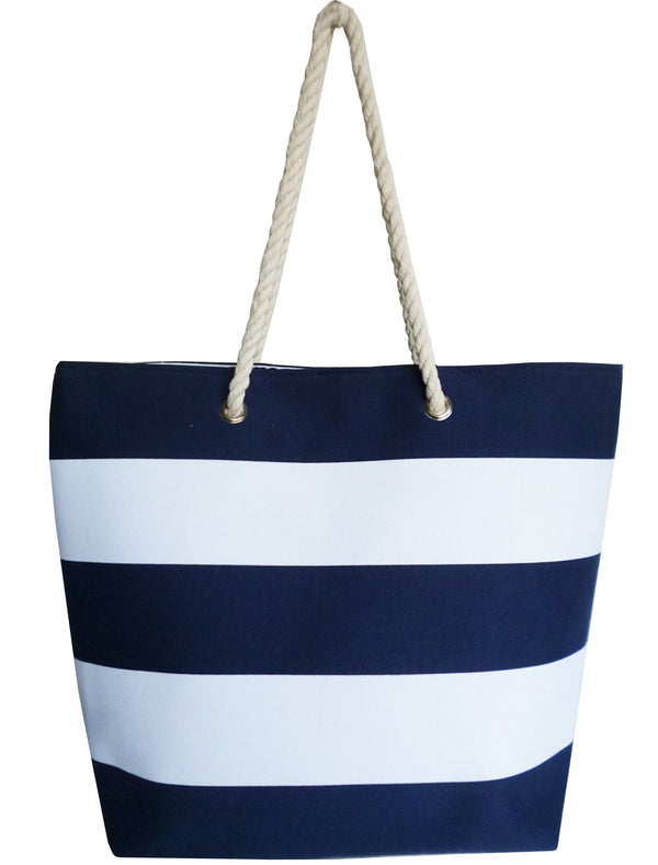 Ruby Striped Beach Bag with Rope Handles in Navy / White