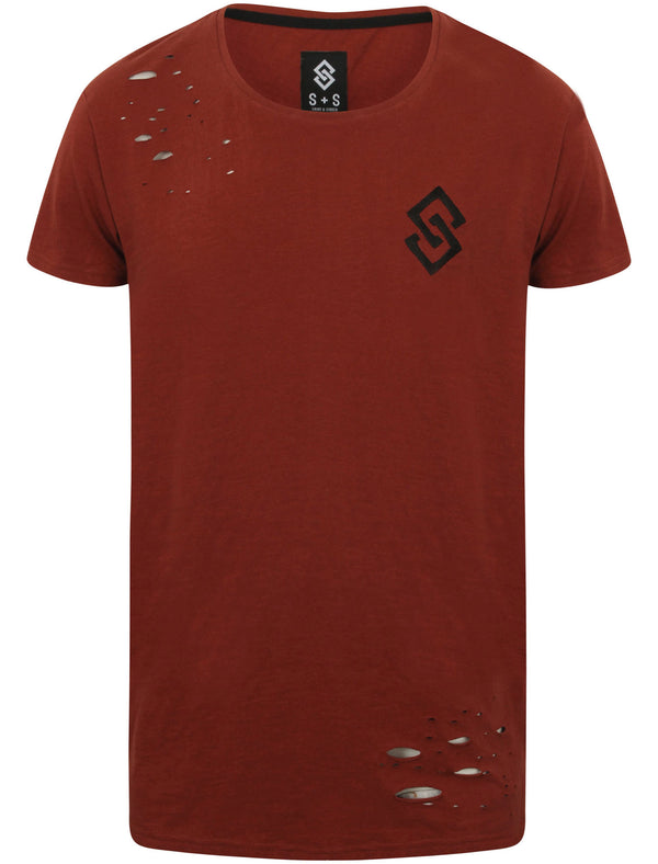 St Abran Longline Cotton T-Shirt with Rips in Topper Red - Saint & Sinner