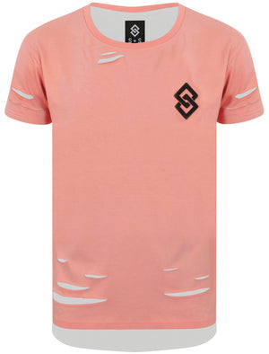 St Alpha Layered Longline T-Shirt with Rips in Rose Tan - Saint & Sinner