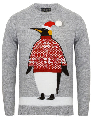 Xmas Penguin Novelty Christmas Jumper in Mid Grey / Optic White - Season’s Greetings