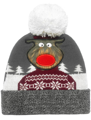 Furry Reindeer Beanie Novelty Bobble Hat in Mid Grey Marl - Season’s Greetings