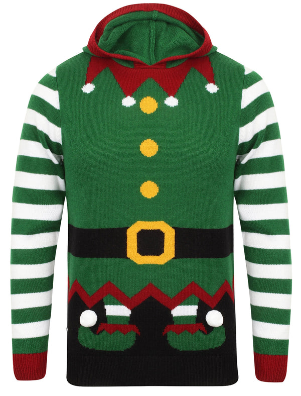 Boys Elf Hoody Novelty Christmas Jumper in Green - Season’s Greetings Kids (5-13yrs)