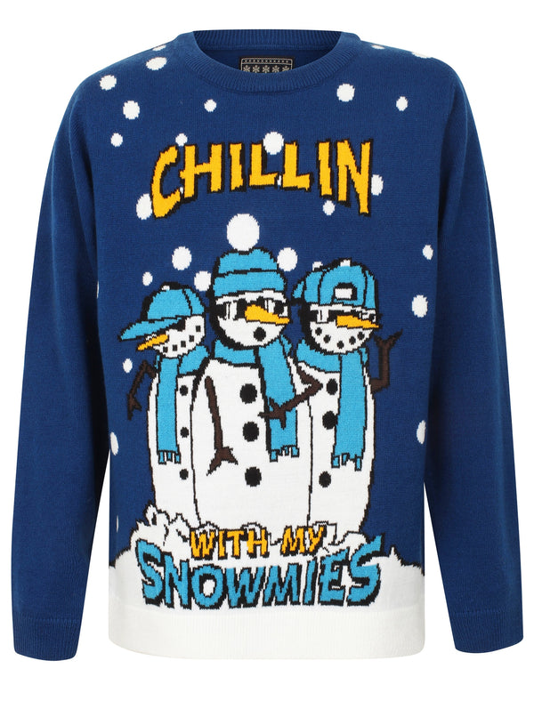 Boys Snowmies Novelty Christmas Jumper In Sapphire - Season's Greetings Kids (5-13yrs)