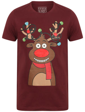 Light Reindeer Novelty Cotton Christmas T-Shirt in Oxblood - Season's Greetings