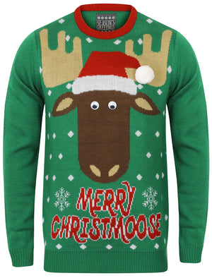 Merry Xmoose Novelty Christmas Jumper in Christmas Green - Season’s Greetings