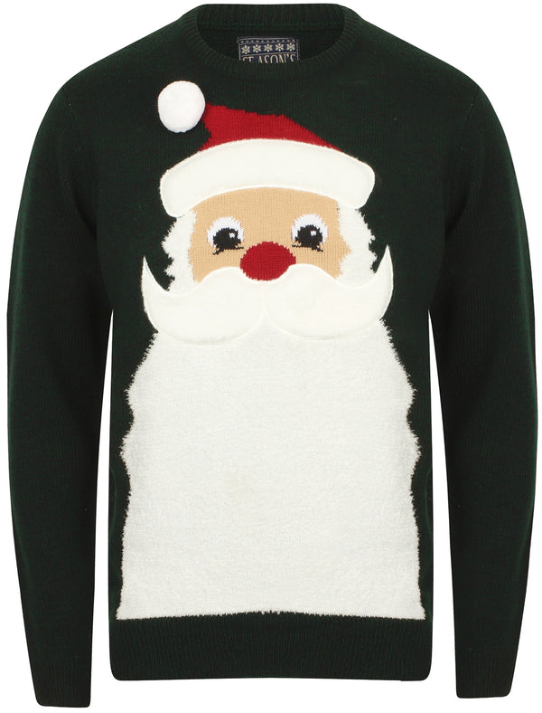 Santa Beard Novelty Christmas Jumper in Holly Green / Black - Season’s Greetings