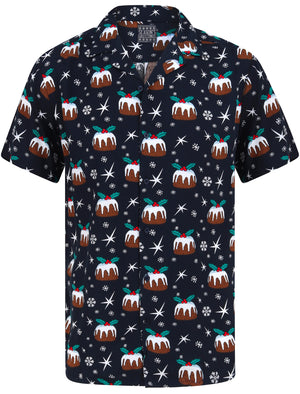 Valen Christmas Pudding Print Novelty Christmas Shirt in Navy - Season’s Greetings