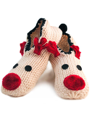 Ladies Autumn Chunky Knit Reindeer Slipper Socks in Cream