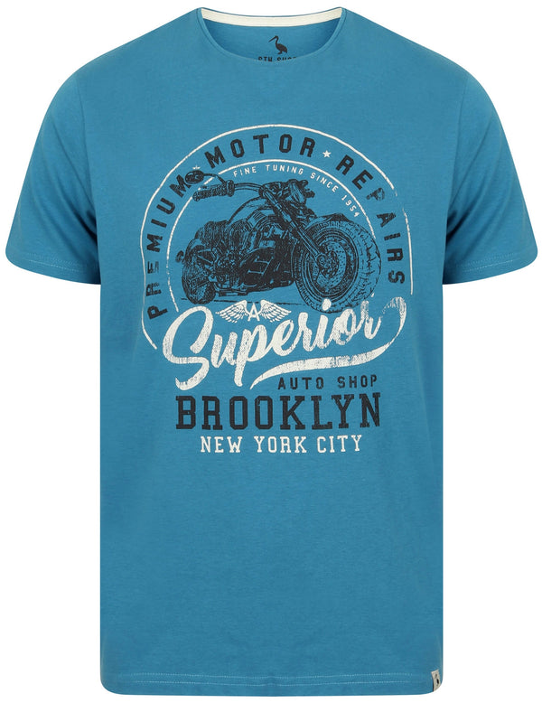 Auto Shop Motif Cotton T-Shirt In Deep Water - South Shore