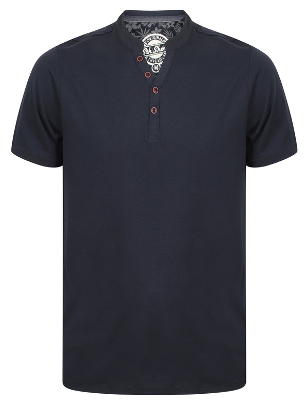 Canal Henley Y Neck Cotton Slub T-Shirt in Mood Indigo - South Shore