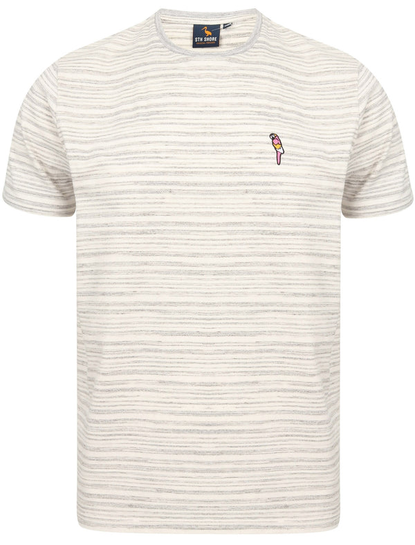 Drop Striped Cotton Jersey T-Shirt with Parrot Motif In Cloudburst - South Shore