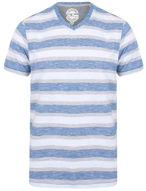 Fano Cotton Slub V Neck Striped T-Shirt In Monaco Blue - South Shore