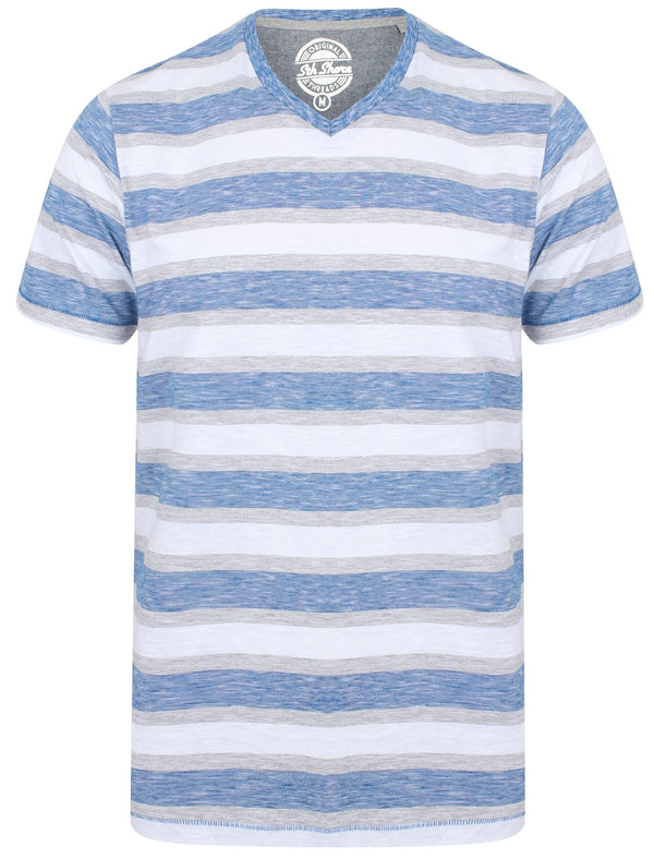 Fano Cotton Slub V Neck Striped T-Shirt In Monaco Blue - South Shore