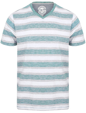 Fano Cotton Slub V Neck Striped T-Shirt In Mallard Green - South Shore