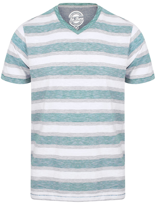 Fano Cotton Slub V Neck Striped T-Shirt In Mallard Green - South Shore