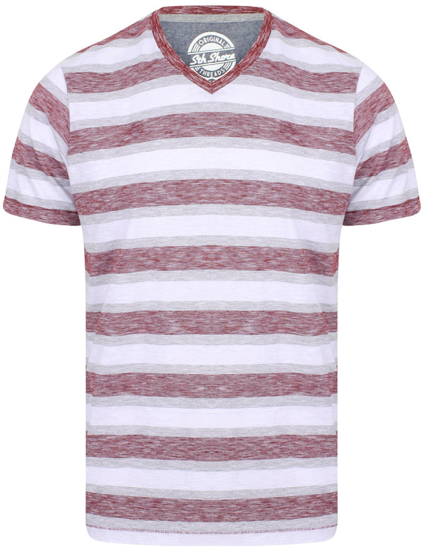 Fano Cotton Slub V Neck Striped T-Shirt In Oxblood - South Shore