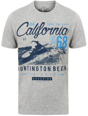 Hunt The Surf Motif Cotton T-Shirt In Light Grey Marl - South Shore