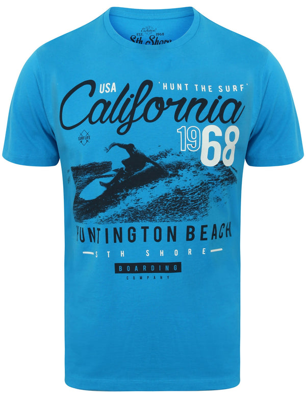 Hunt The Surf Motif Cotton T-Shirt In Swedish Blue - South Shore
