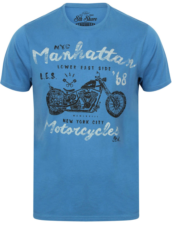 Manhattan Crew Neck T-Shirt with Motif in Federal Blue - South Shore