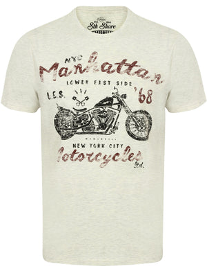 Manhattan Crew Neck T-Shirt with Motif in Oatmeal Marl - South Shore