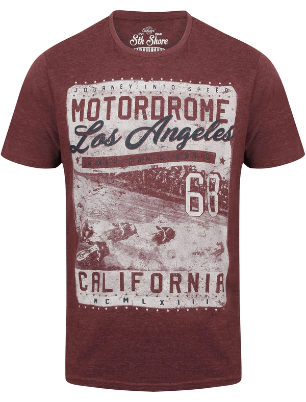 Motordrome Crew Neck T-Shirt with Motif in Bordeaux Marl - South Shore
