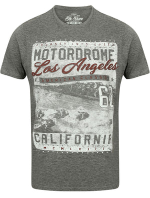 Motordrome Crew Neck T-Shirt with Motif in Mid Grey Marl - South Shore