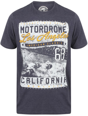 Motordrome Motif Cotton Jersey Slub T-Shirt In Mood Indigo Marl - South Shore