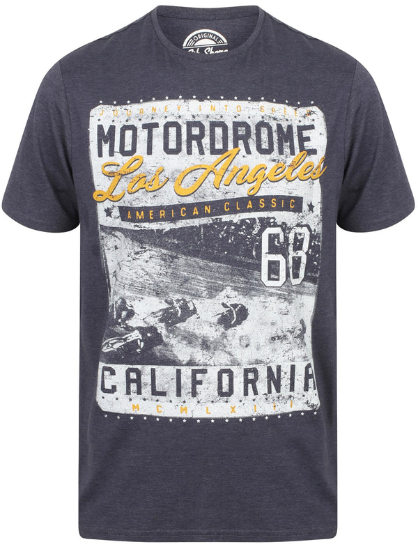 Motordrome Motif Cotton Jersey Slub T-Shirt In Mood Indigo Marl - South Shore