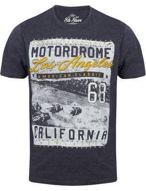 Motordome Crew Neck T-Shirt with Motif in Mood Indigo Marl - South Shore