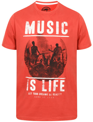 Music Is Life Motif Cotton Crew Neck T-Shirt In Garnet Rose - South Shore