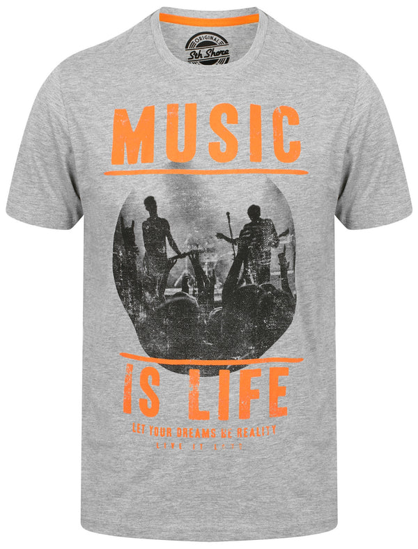 Music Is Life Motif Cotton Crew Neck T-Shirt In Light Grey Marl - South Shore